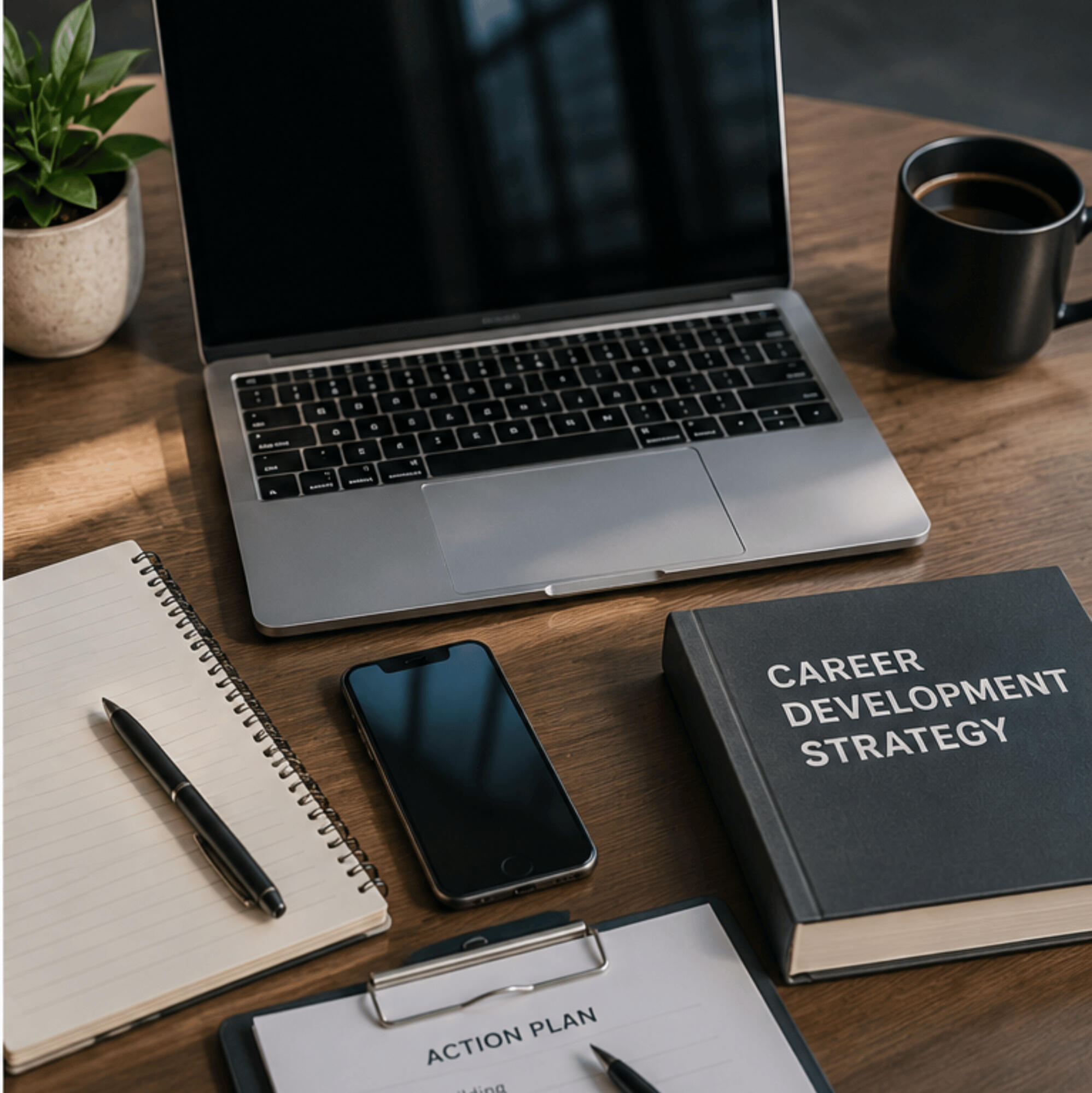 Professional workspace with laptop, notebook and career development materials