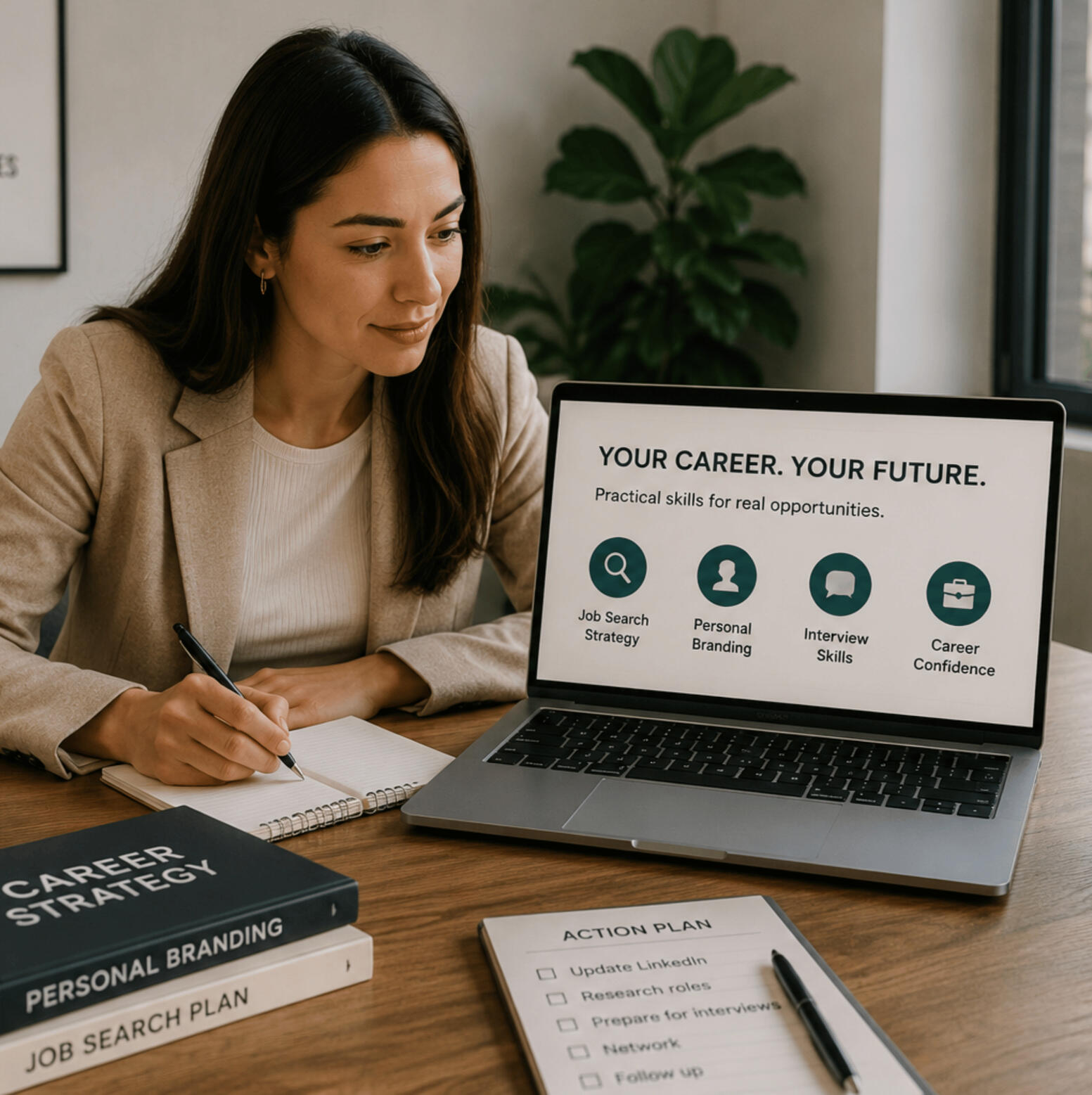 Career Skills for Advanced English Students Laptop displaying career development topics including job search strategy, personal branding and interview skills