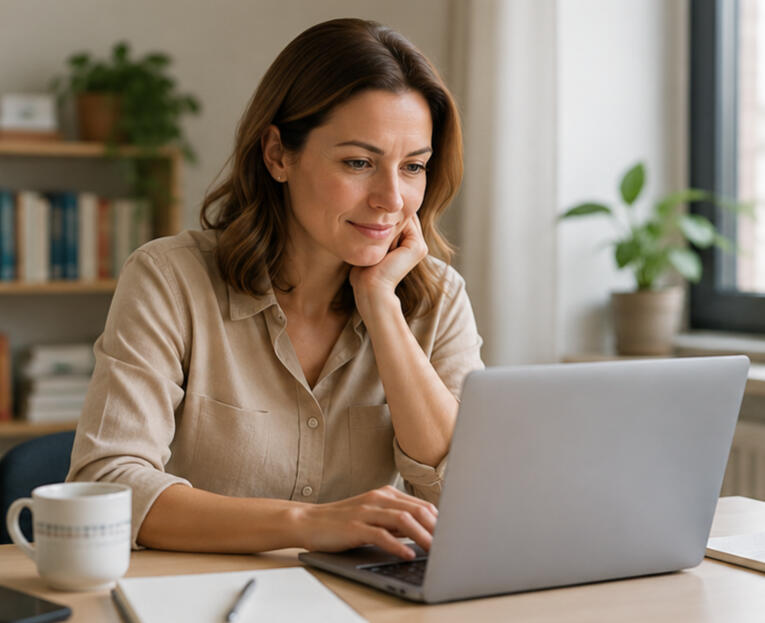 English teacher working on her laptop to improve her LinkedIn profile