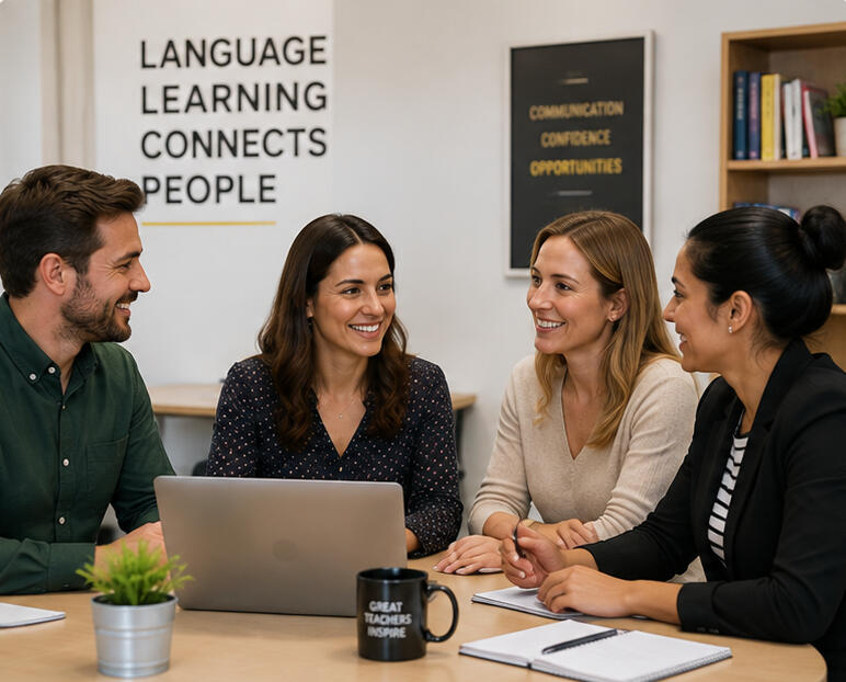 Teachers and administrative staff collaborating in a modern language academy office.