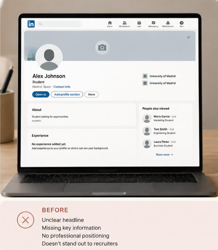 Example of a basic student LinkedIn profile before professional optimization
