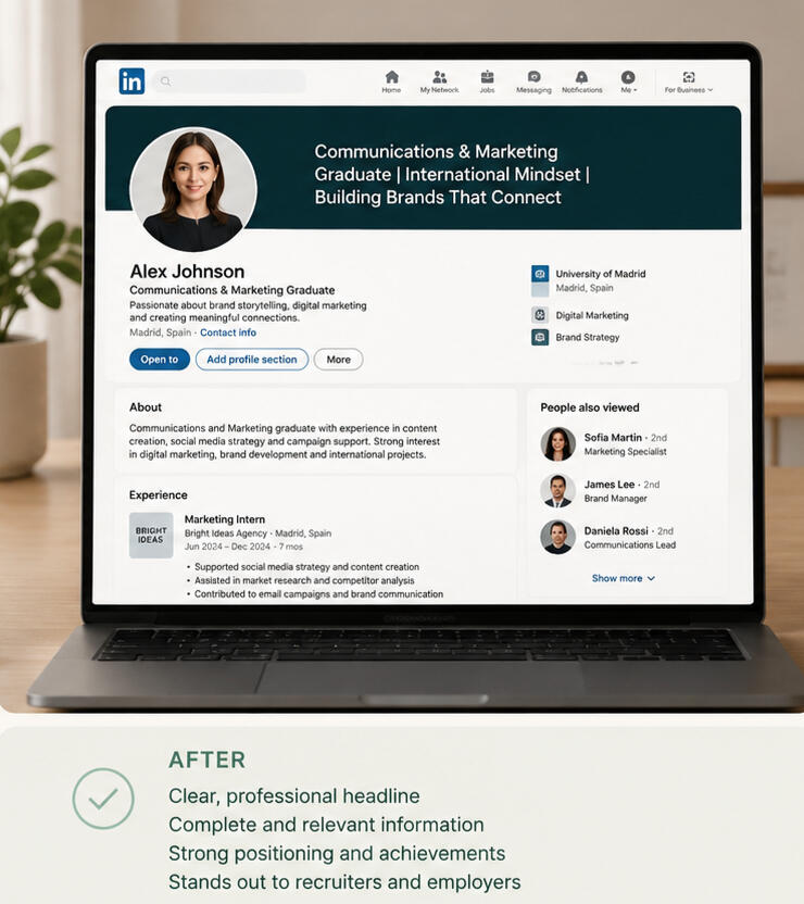 Example of an optimized student LinkedIn profile with stronger professional positioning